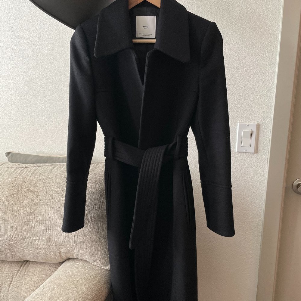Mango Black Long Belted Wrap Wool Coat with Lining NWOT XXS/ XS